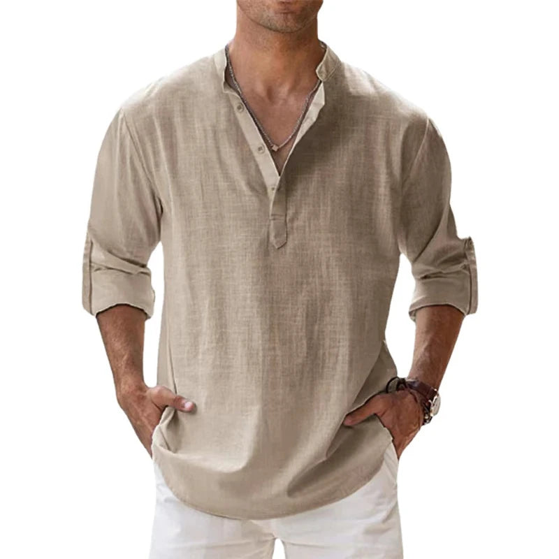 Camisa Henley Masculina Casual de Algodão Manga Longa