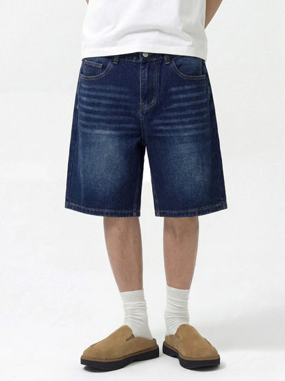 Men'S Loose-Fit Straight Leg Denim Shorts, Casual Comfortable Washed Jeans, Natural Waist, Zipper Fly, All Seasons, Scb08 Batch