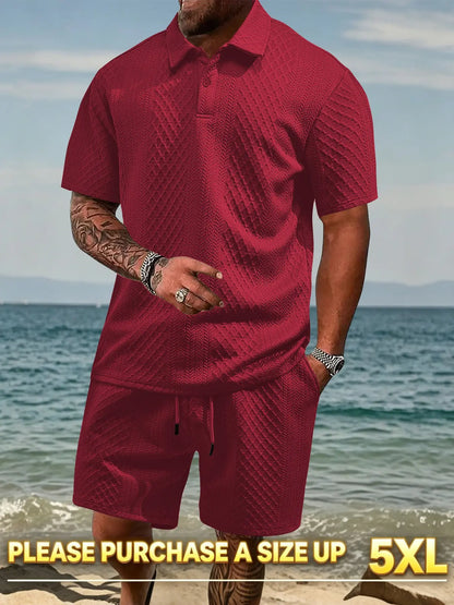 Please Purchase a Size Up. Men'S Solid Casual Polo Shirt & Drawstring Waist Shorts Set, Cozy Breathable Two-Piece Outfits for Daily Outdoor Wear, Men Clothes for Summer.