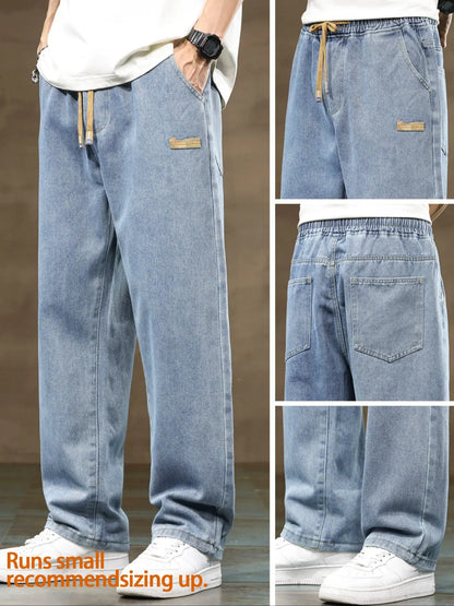 Men'S Drawstring Elastic Waist Straight Leg Jeans, Solid Color Plain Casual Versatile Non Stretch Denim Pants, Fit Straight Leg Version, Suitable for All Seasons