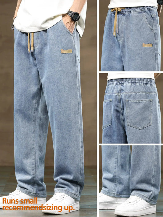 Men'S Drawstring Elastic Waist Straight Leg Jeans, Solid Color Plain Casual Versatile Non Stretch Denim Pants, Fit Straight Leg Version, Suitable for All Seasons