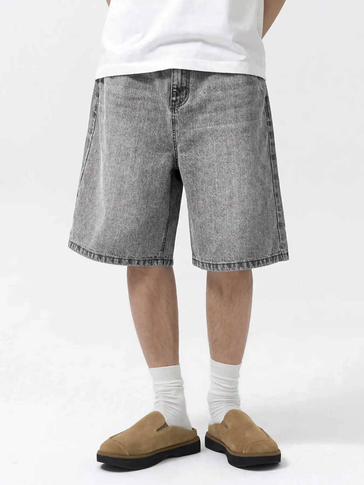 Men'S Loose-Fit Straight Leg Denim Shorts, Casual Comfortable Washed Jeans, Natural Waist, Zipper Fly, All Seasons, Scb08 Batch