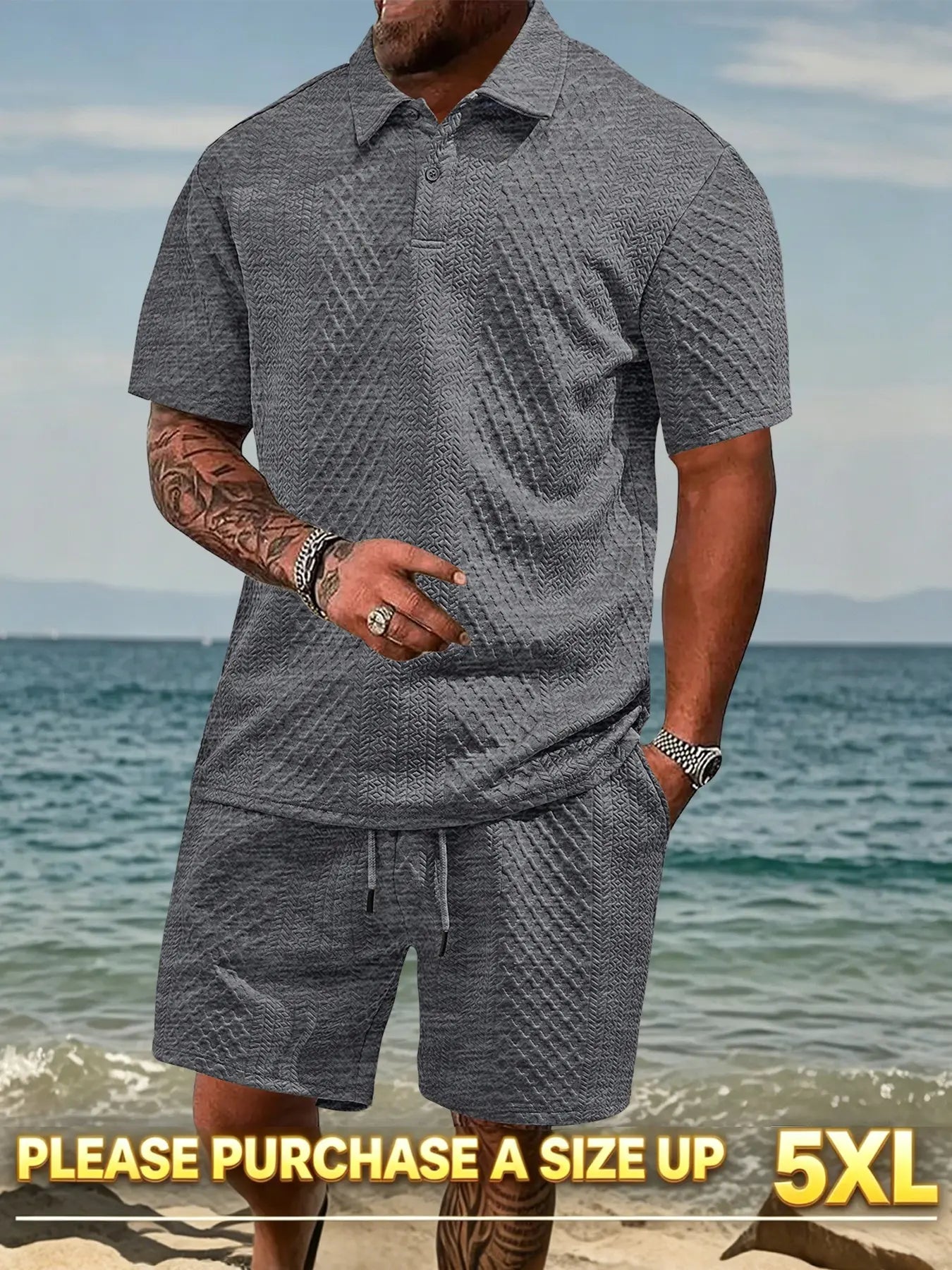 Please Purchase a Size Up. Men'S Solid Casual Polo Shirt & Drawstring Waist Shorts Set, Cozy Breathable Two-Piece Outfits for Daily Outdoor Wear, Men Clothes for Summer.