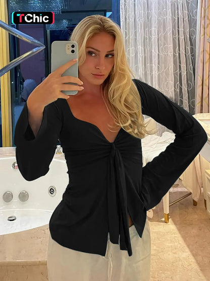Women'S Solid Knot Front Split Hem Tee, Casual Chic Basic Long Sleeve Sweetheart Neck T-Shirt for Fall, Women'S Clothing for Daily Wear Top