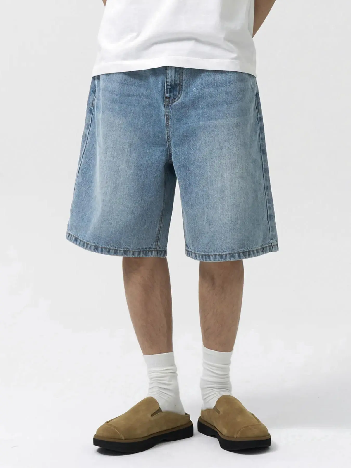 Men'S Loose-Fit Straight Leg Denim Shorts, Casual Comfortable Washed Jeans, Natural Waist, Zipper Fly, All Seasons, Scb08 Batch