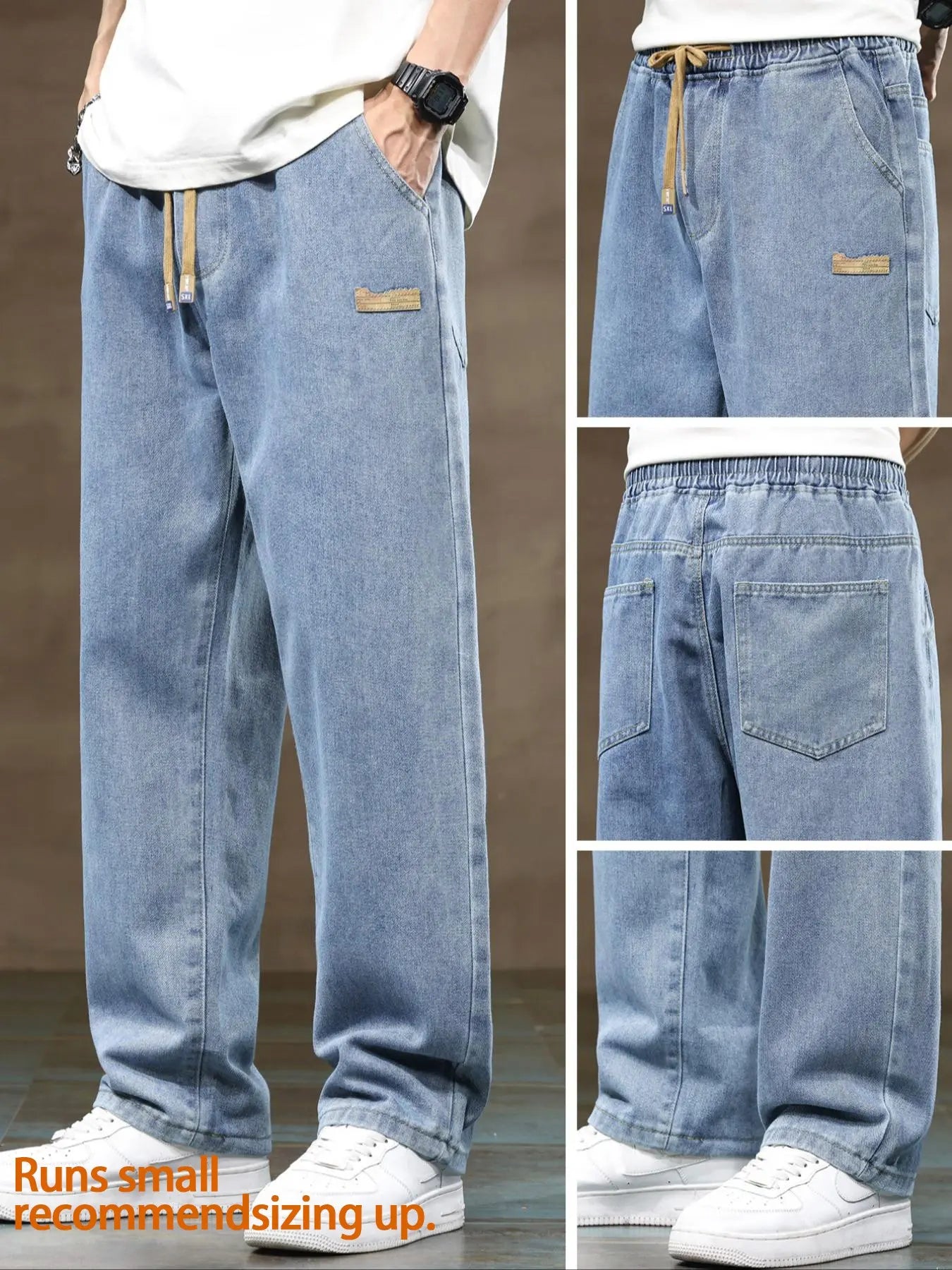 Men'S Drawstring Elastic Waist Straight Leg Jeans, Solid Color Plain Casual Versatile Non Stretch Denim Pants, Fit Straight Leg Version, Suitable for All Seasons