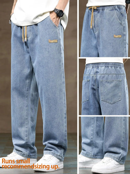 Men'S Drawstring Elastic Waist Straight Leg Jeans, Solid Color Plain Casual Versatile Non Stretch Denim Pants, Fit Straight Leg Version, Suitable for All Seasons