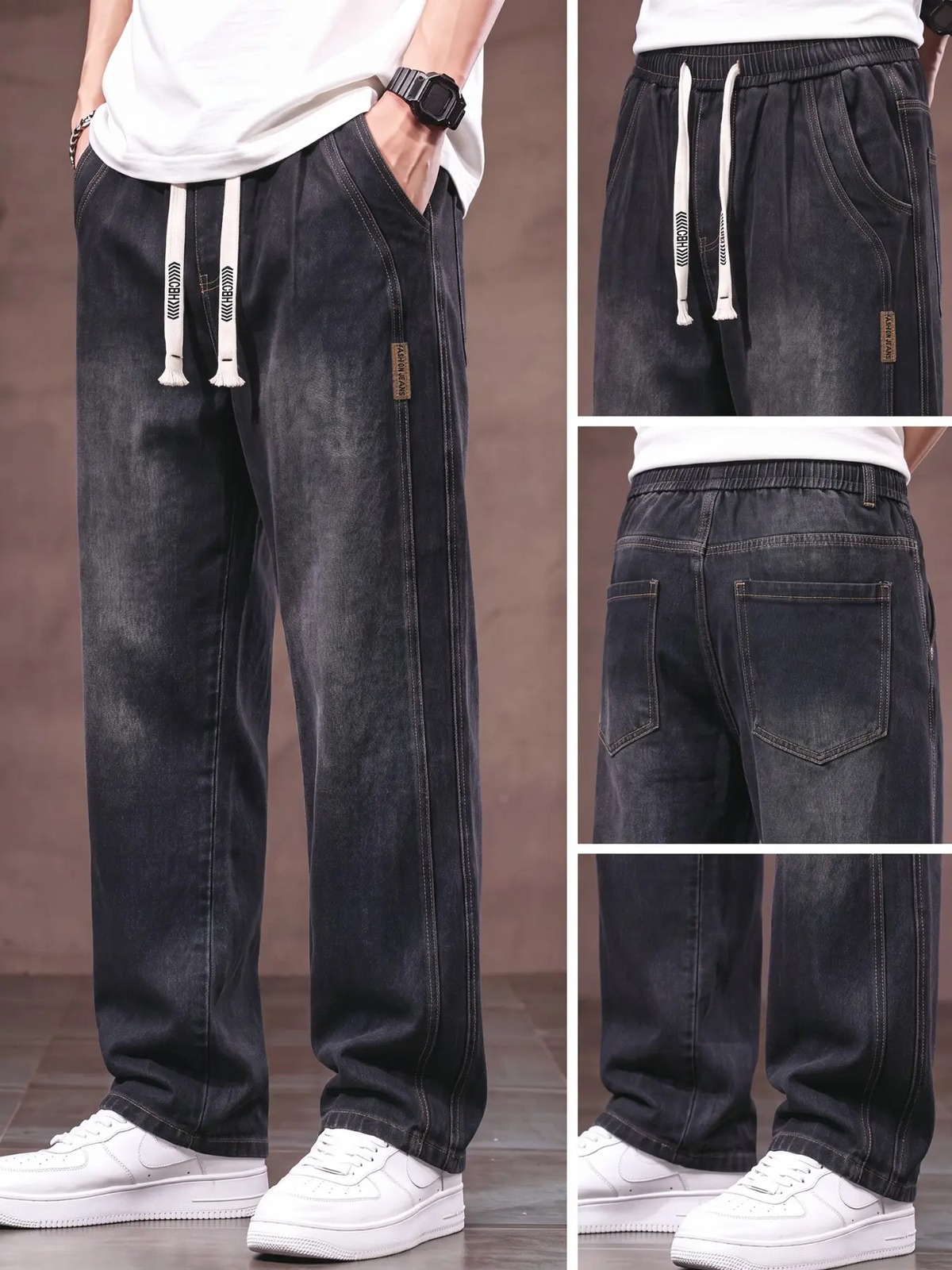 Men'S Drawstring Elastic Waist Straight Leg Jeans, Solid Color Plain Casual Versatile Non Stretch Denim Pants, Fit Straight Leg Version, Suitable for All Seasons