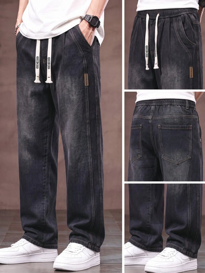 Men'S Drawstring Elastic Waist Straight Leg Jeans, Solid Color Plain Casual Versatile Non Stretch Denim Pants, Fit Straight Leg Version, Suitable for All Seasons