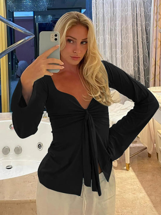 Women'S Solid Knot Front Split Hem Tee, Casual Chic Basic Long Sleeve Sweetheart Neck T-Shirt for Fall, Women'S Clothing for Daily Wear Top