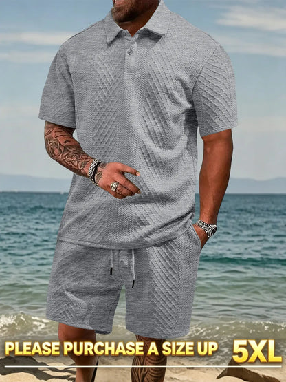 Please Purchase a Size Up. Men'S Solid Casual Polo Shirt & Drawstring Waist Shorts Set, Cozy Breathable Two-Piece Outfits for Daily Outdoor Wear, Men Clothes for Summer.