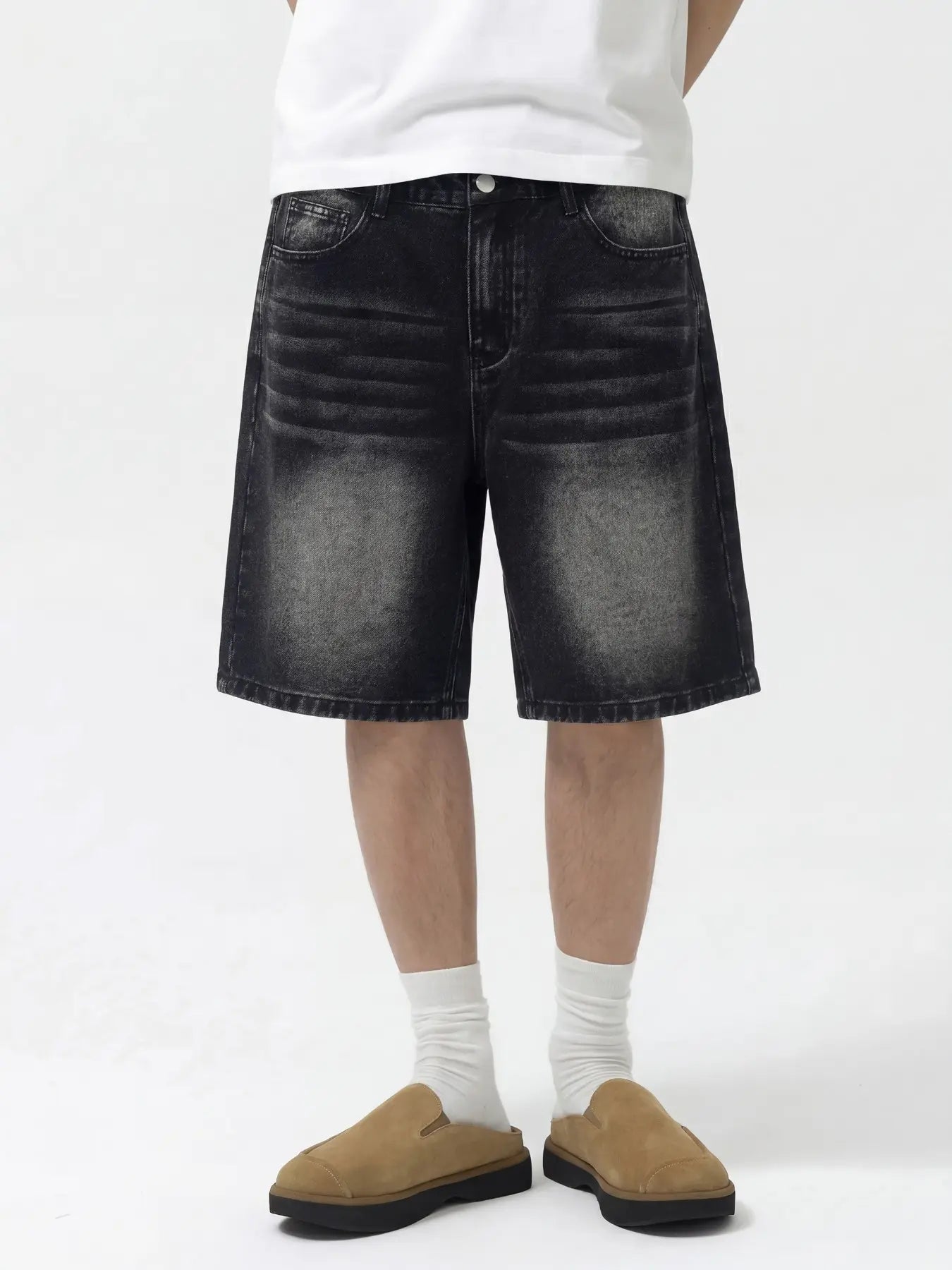 Men'S Loose-Fit Straight Leg Denim Shorts, Casual Comfortable Washed Jeans, Natural Waist, Zipper Fly, All Seasons, Scb08 Batch