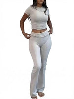 Women'S Solid round Neck Crop Top & Skinny Pants Knit Loungewear Set, Summer Outfits 2024, Casual Comfy Pyjama Set for Women, Comfy Loungewear Set for Women Home Wear, Pyjamas for Women, Pajama Set, Homewear