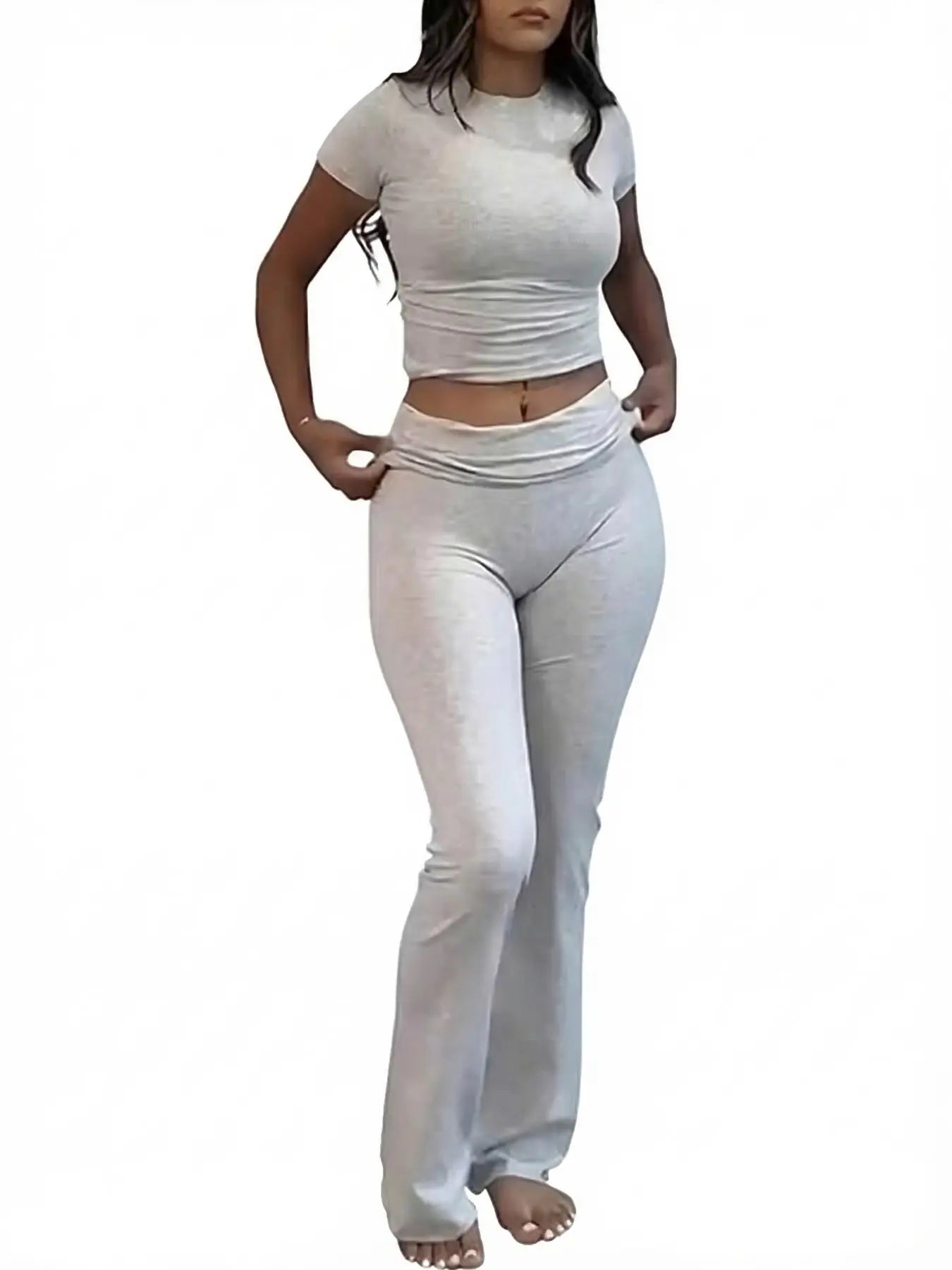 Women'S Solid round Neck Crop Top & Skinny Pants Knit Loungewear Set, Summer Outfits 2024, Casual Comfy Pyjama Set for Women, Comfy Loungewear Set for Women Home Wear, Pyjamas for Women, Pajama Set, Homewear