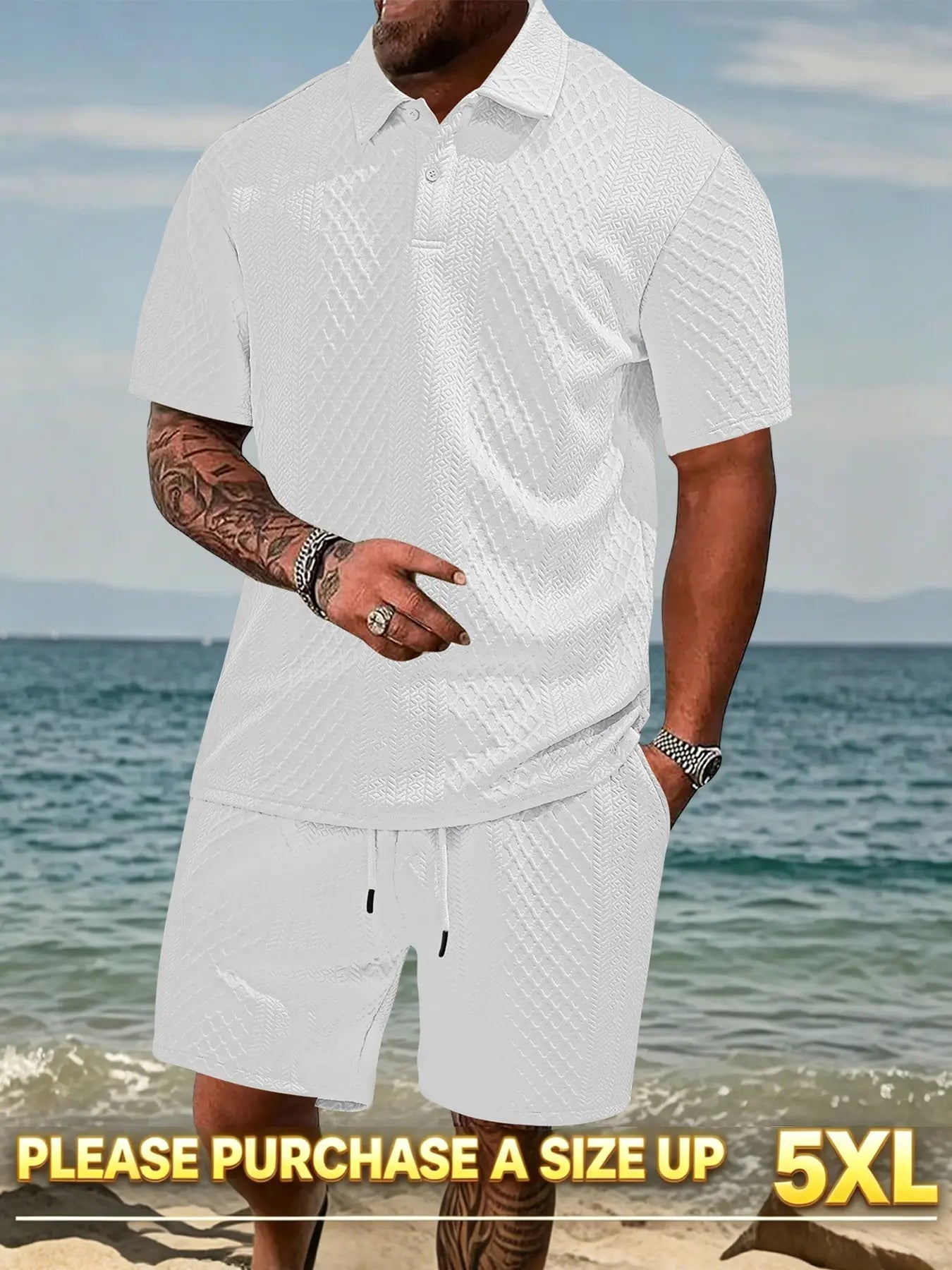 Please Purchase a Size Up. Men'S Solid Casual Polo Shirt & Drawstring Waist Shorts Set, Cozy Breathable Two-Piece Outfits for Daily Outdoor Wear, Men Clothes for Summer.