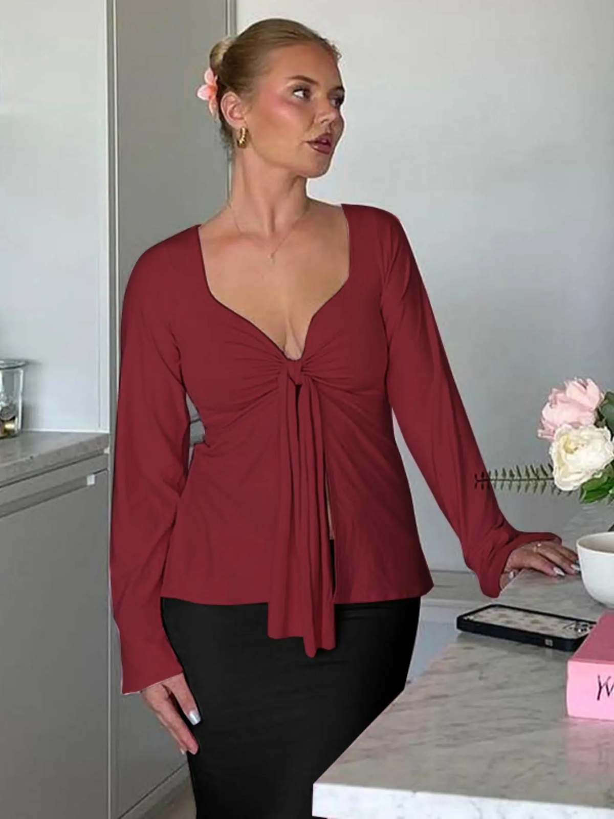 Women'S Solid Knot Front Split Hem Tee, Casual Chic Basic Long Sleeve Sweetheart Neck T-Shirt for Fall, Women'S Clothing for Daily Wear Top