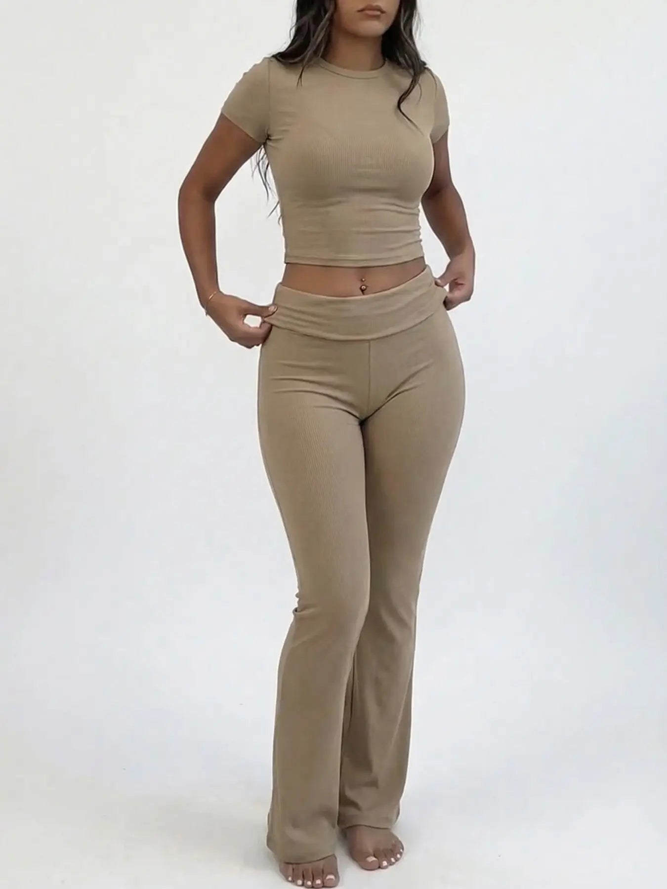 Women'S Solid round Neck Crop Top & Skinny Pants Knit Loungewear Set, Summer Outfits 2024, Casual Comfy Pyjama Set for Women, Comfy Loungewear Set for Women Home Wear, Pyjamas for Women, Pajama Set, Homewear