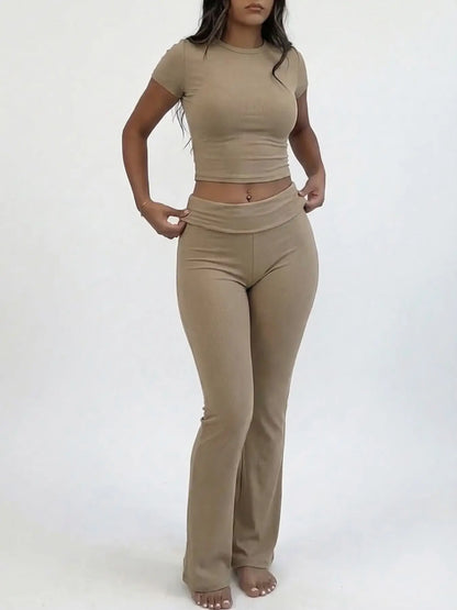 Women'S Solid round Neck Crop Top & Skinny Pants Knit Loungewear Set, Summer Outfits 2024, Casual Comfy Pyjama Set for Women, Comfy Loungewear Set for Women Home Wear, Pyjamas for Women, Pajama Set, Homewear