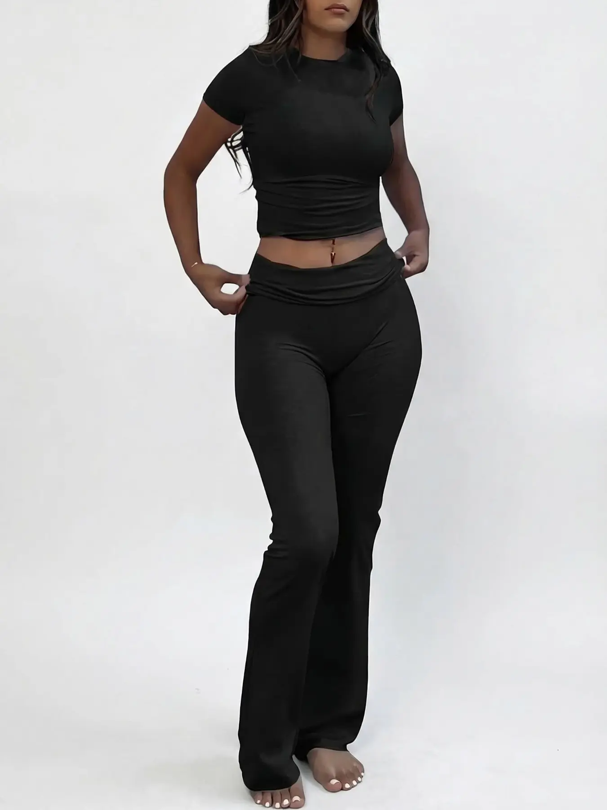 Women'S Solid round Neck Crop Top & Skinny Pants Knit Loungewear Set, Summer Outfits 2024, Casual Comfy Pyjama Set for Women, Comfy Loungewear Set for Women Home Wear, Pyjamas for Women, Pajama Set, Homewear