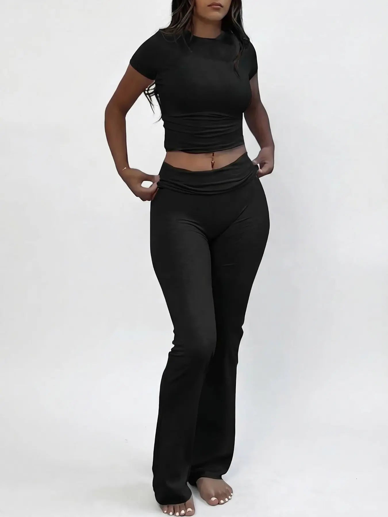 Women'S Solid round Neck Crop Top & Skinny Pants Knit Loungewear Set, Summer Outfits 2024, Casual Comfy Pyjama Set for Women, Comfy Loungewear Set for Women Home Wear, Pyjamas for Women, Pajama Set, Homewear