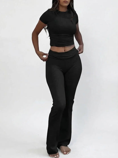 Women'S Solid round Neck Crop Top & Skinny Pants Knit Loungewear Set, Summer Outfits 2024, Casual Comfy Pyjama Set for Women, Comfy Loungewear Set for Women Home Wear, Pyjamas for Women, Pajama Set, Homewear