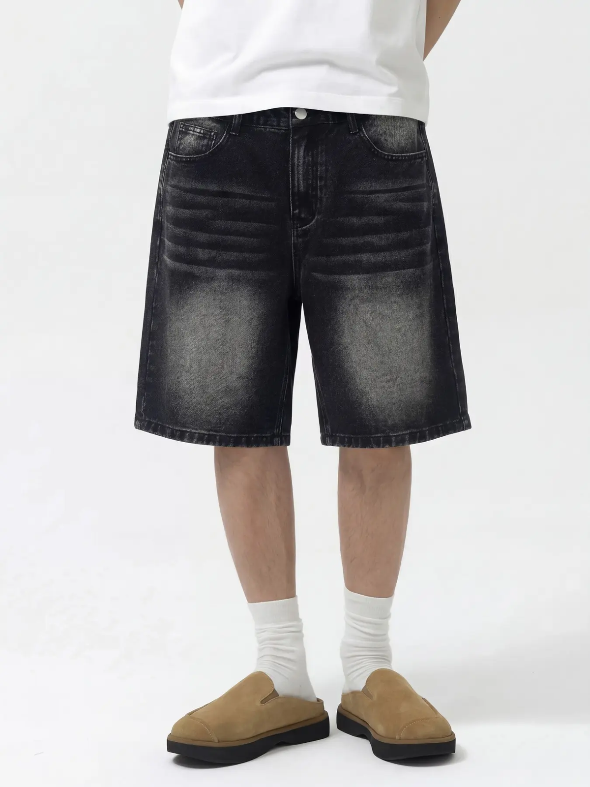 Men'S Loose-Fit Straight Leg Denim Shorts, Casual Comfortable Washed Jeans, Natural Waist, Zipper Fly, All Seasons, Scb08 Batch