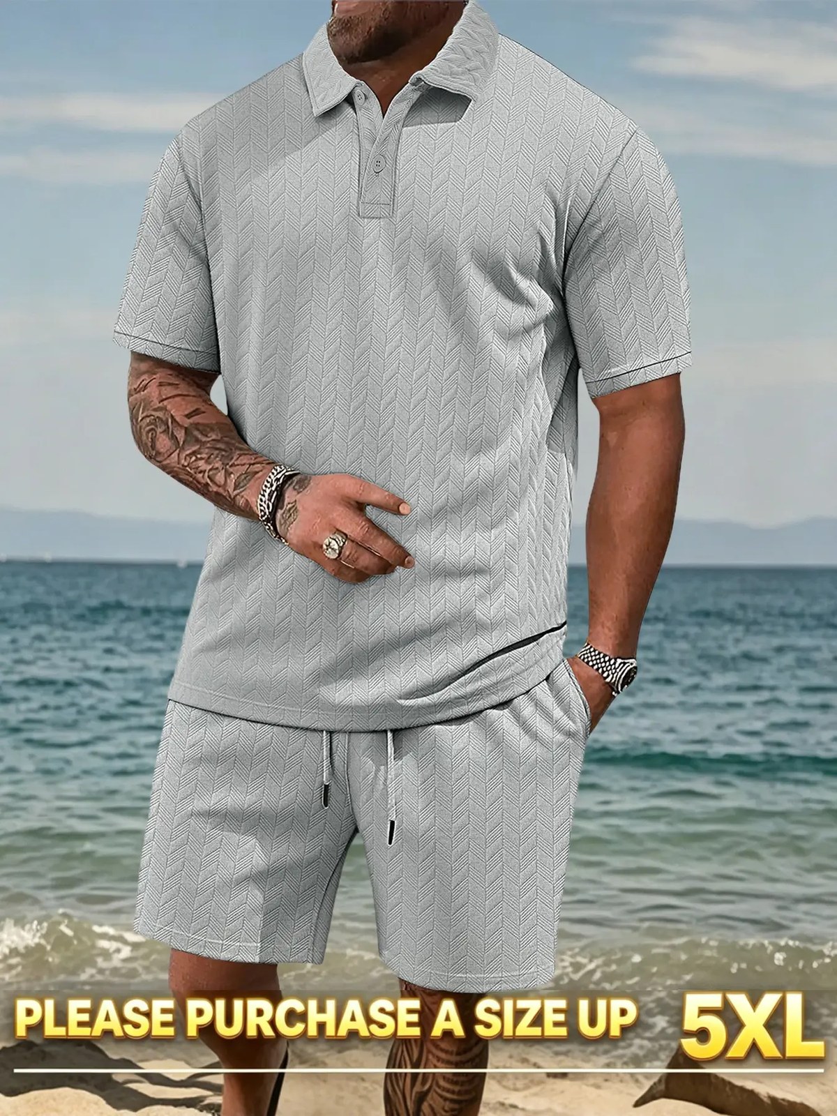 Please Purchase a Size Up. Men'S Solid Casual Polo Shirt & Drawstring Waist Shorts Set, Cozy Breathable Two-Piece Outfits for Daily Outdoor Wear, Men Clothes for Summer.