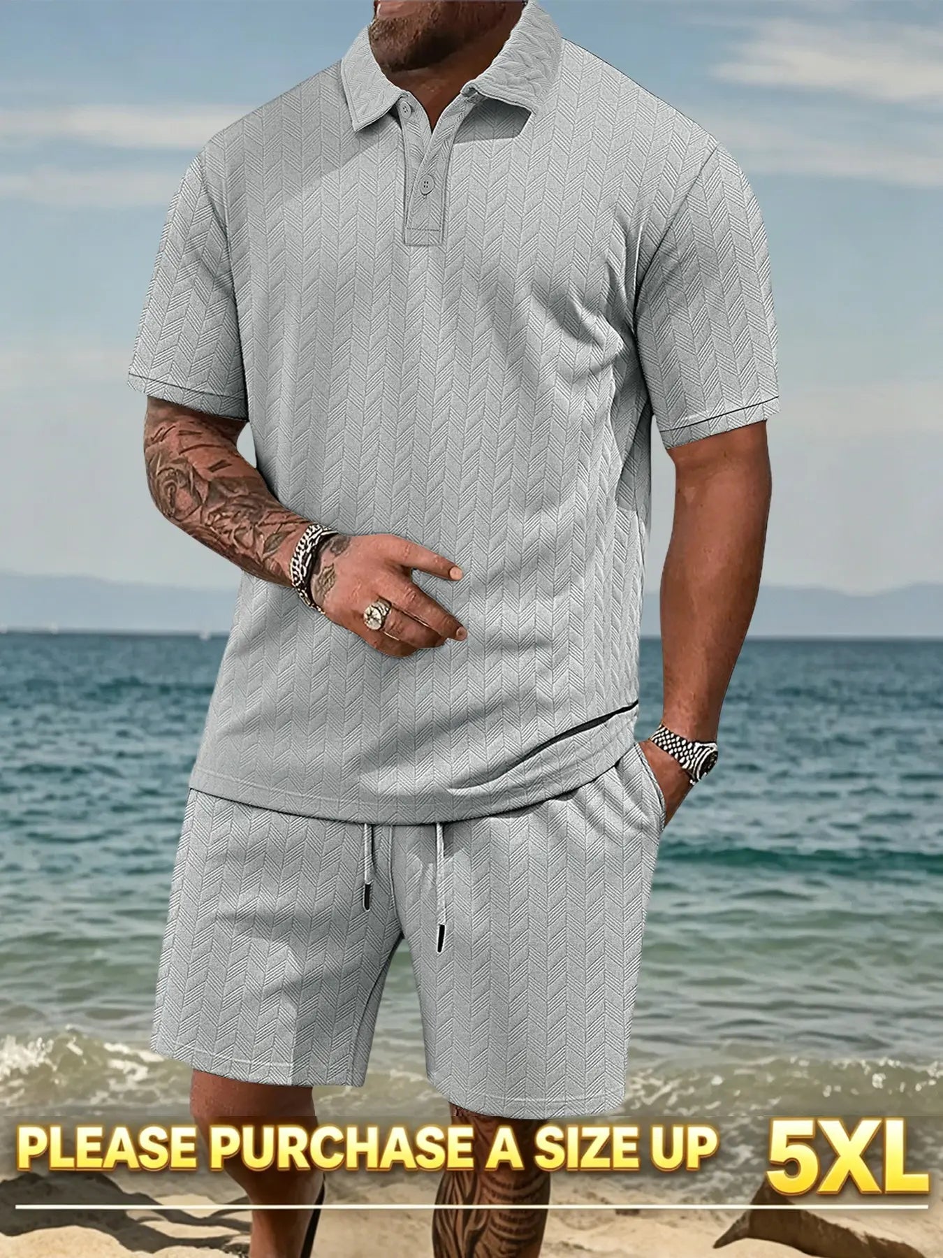 Please Purchase a Size Up. Men'S Solid Casual Polo Shirt & Drawstring Waist Shorts Set, Cozy Breathable Two-Piece Outfits for Daily Outdoor Wear, Men Clothes for Summer.