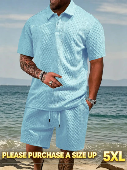 Please Purchase a Size Up. Men'S Solid Casual Polo Shirt & Drawstring Waist Shorts Set, Cozy Breathable Two-Piece Outfits for Daily Outdoor Wear, Men Clothes for Summer.