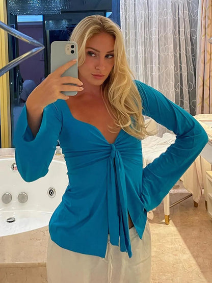 Women'S Solid Knot Front Split Hem Tee, Casual Chic Basic Long Sleeve Sweetheart Neck T-Shirt for Fall, Women'S Clothing for Daily Wear Top