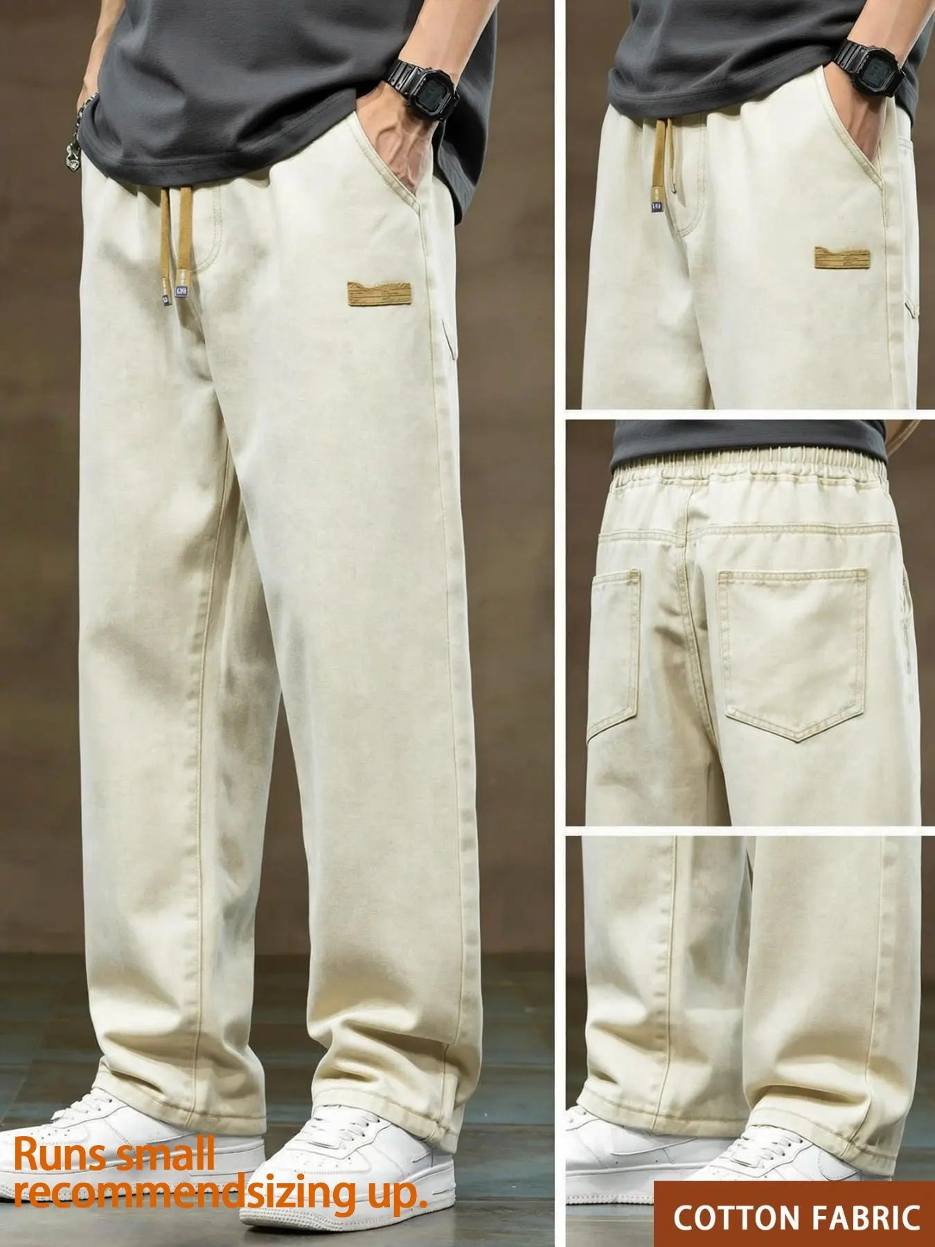 Men'S Drawstring Elastic Waist Straight Leg Jeans, Solid Color Plain Casual Versatile Non Stretch Denim Pants, Fit Straight Leg Version, Suitable for All Seasons