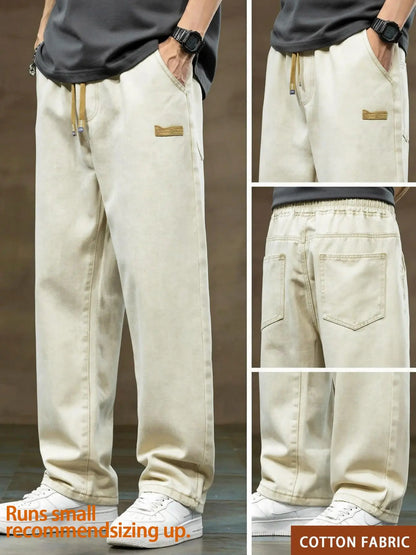 Men'S Drawstring Elastic Waist Straight Leg Jeans, Solid Color Plain Casual Versatile Non Stretch Denim Pants, Fit Straight Leg Version, Suitable for All Seasons
