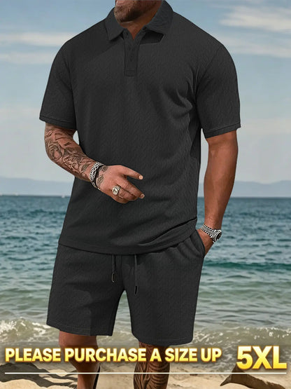 Please Purchase a Size Up. Men'S Solid Casual Polo Shirt & Drawstring Waist Shorts Set, Cozy Breathable Two-Piece Outfits for Daily Outdoor Wear, Men Clothes for Summer.