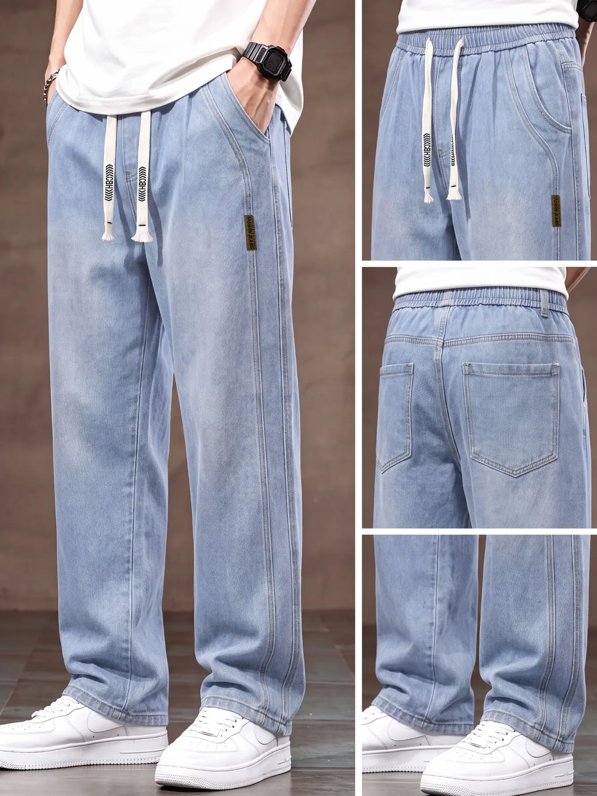 Men'S Drawstring Elastic Waist Straight Leg Jeans, Solid Color Plain Casual Versatile Non Stretch Denim Pants, Fit Straight Leg Version, Suitable for All Seasons