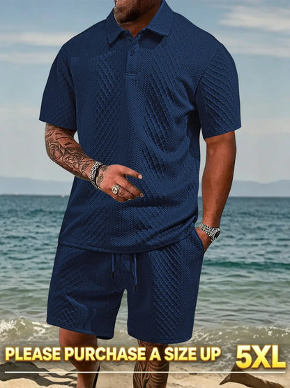 Please Purchase a Size Up. Men'S Solid Casual Polo Shirt & Drawstring Waist Shorts Set, Cozy Breathable Two-Piece Outfits for Daily Outdoor Wear, Men Clothes for Summer.