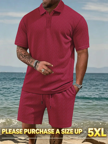 Please Purchase a Size Up. Men'S Solid Casual Polo Shirt & Drawstring Waist Shorts Set, Cozy Breathable Two-Piece Outfits for Daily Outdoor Wear, Men Clothes for Summer.