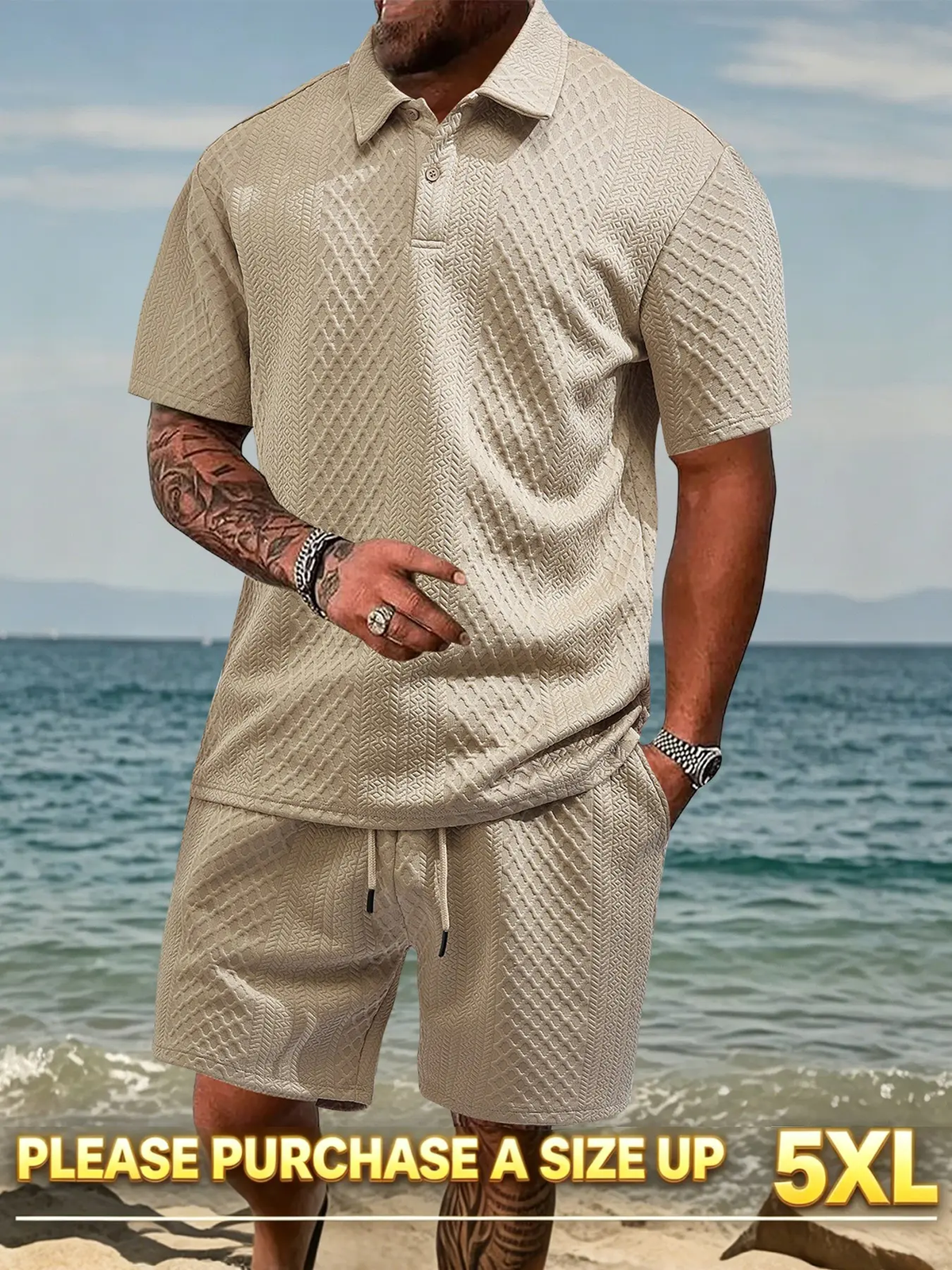 Please Purchase a Size Up. Men'S Solid Casual Polo Shirt & Drawstring Waist Shorts Set, Cozy Breathable Two-Piece Outfits for Daily Outdoor Wear, Men Clothes for Summer.