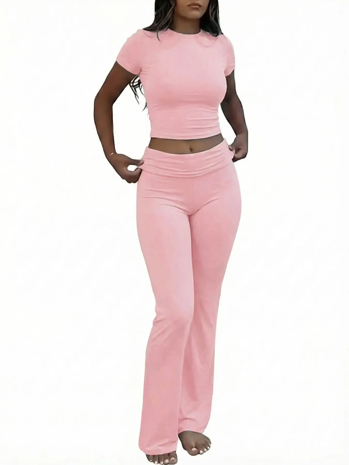 Women'S Solid round Neck Crop Top & Skinny Pants Knit Loungewear Set, Summer Outfits 2024, Casual Comfy Pyjama Set for Women, Comfy Loungewear Set for Women Home Wear, Pyjamas for Women, Pajama Set, Homewear