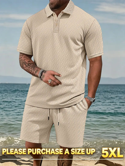 Please Purchase a Size Up. Men'S Solid Casual Polo Shirt & Drawstring Waist Shorts Set, Cozy Breathable Two-Piece Outfits for Daily Outdoor Wear, Men Clothes for Summer.