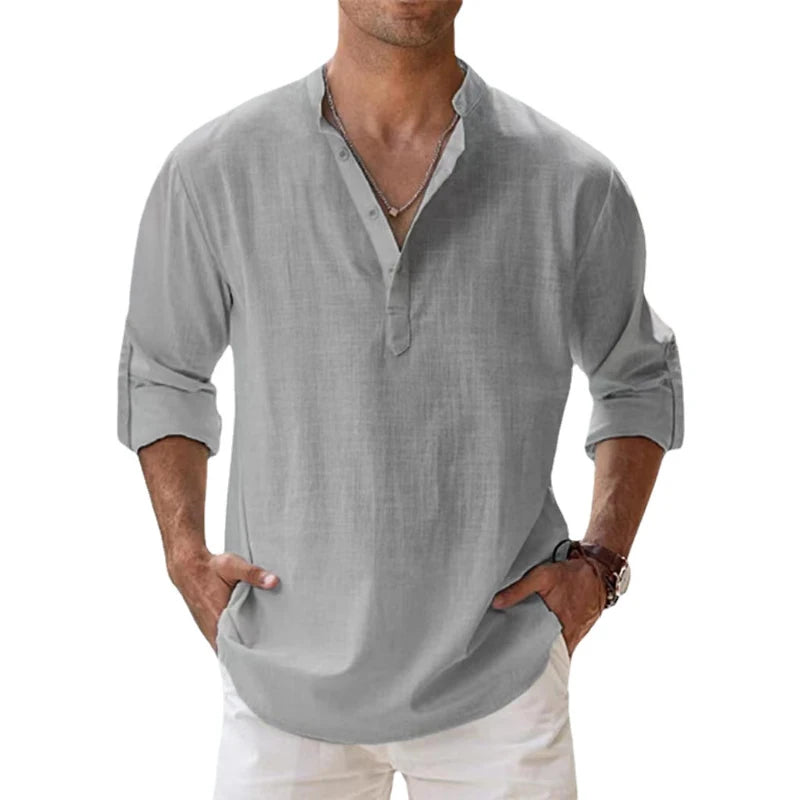 Cinza Cor Camisa Henley Masculina Casual de Algodão Manga Longa