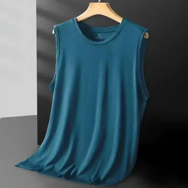 Turquesa Cor Regata Masculina Ice Silk em Tela Respirável Casual