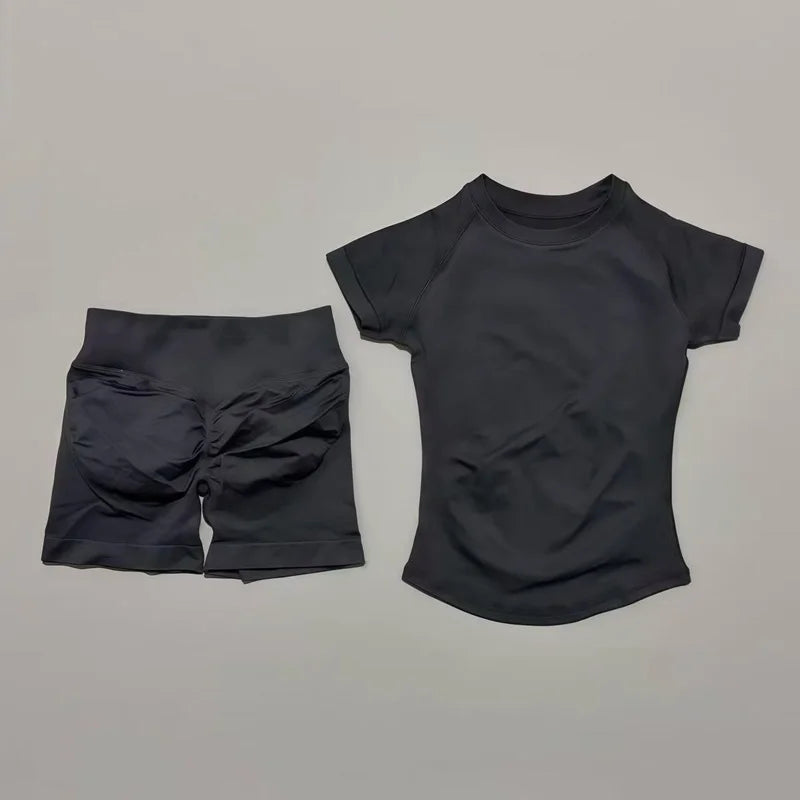 Preto Cor Conjunto Fitness Feminino 2 Peças com Shorts e Camiseta