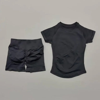 Preto Cor Conjunto Fitness Feminino 2 Peças com Shorts e Camiseta