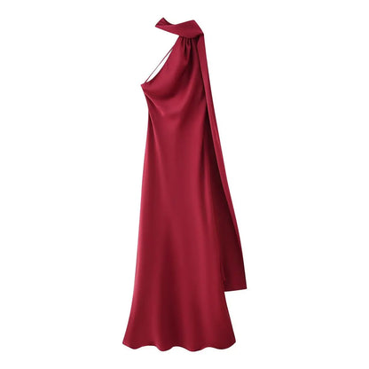 Borgonha Cor Vestido Longo Cetim Feminino Costas Nus Casual Elegante