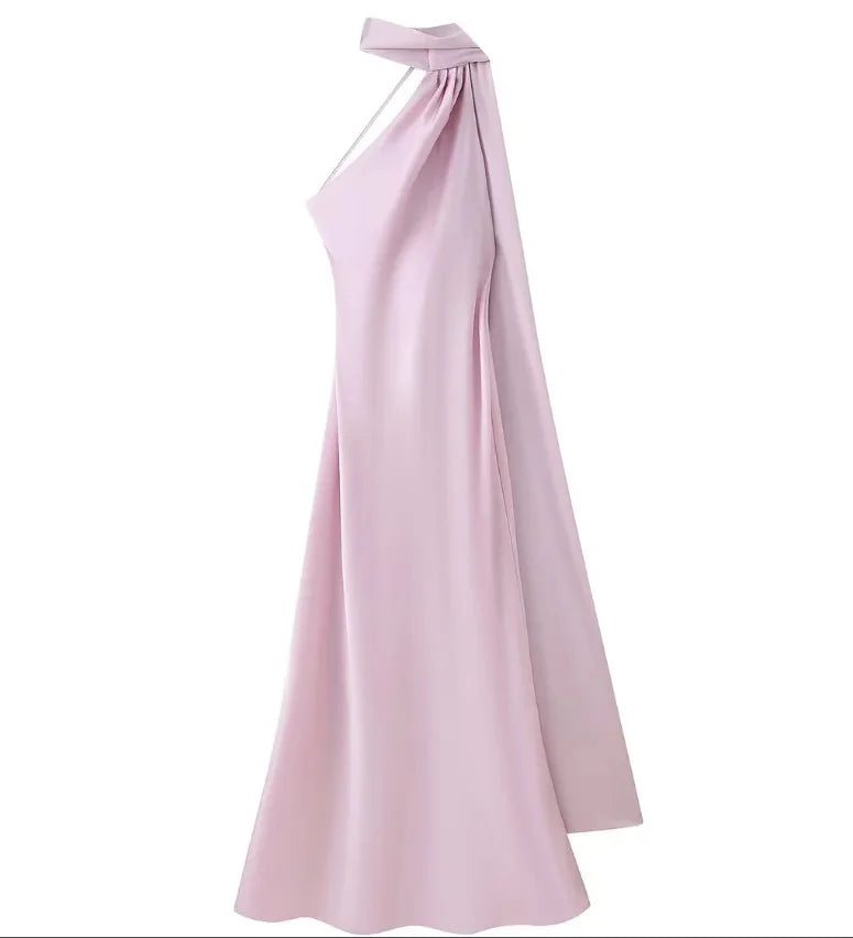 Rosa Cor Vestido Longo Cetim Feminino Costas Nus Casual Elegante