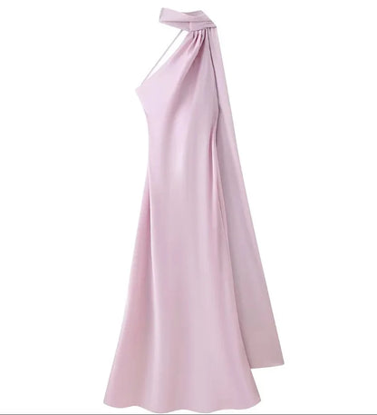 Rosa Cor Vestido Longo Cetim Feminino Costas Nus Casual Elegante