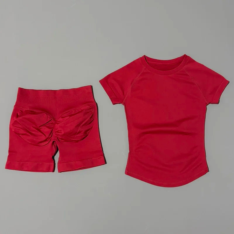 Vinho Tinto Cor Conjunto Fitness Feminino 2 Peças com Shorts e Camiseta