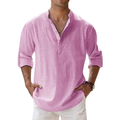 Rosa Cor Camisa Henley Masculina Casual de Algodão Manga Longa
