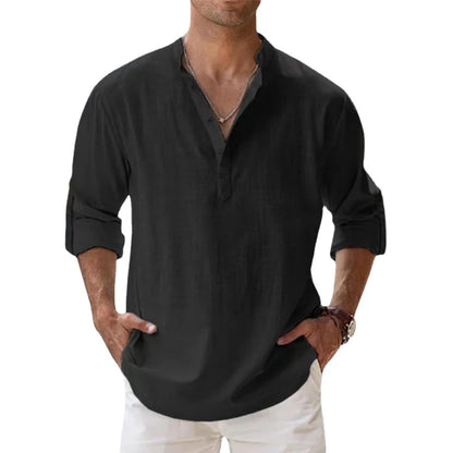 Camisa Henley Masculina Casual de Algodão Manga Longa