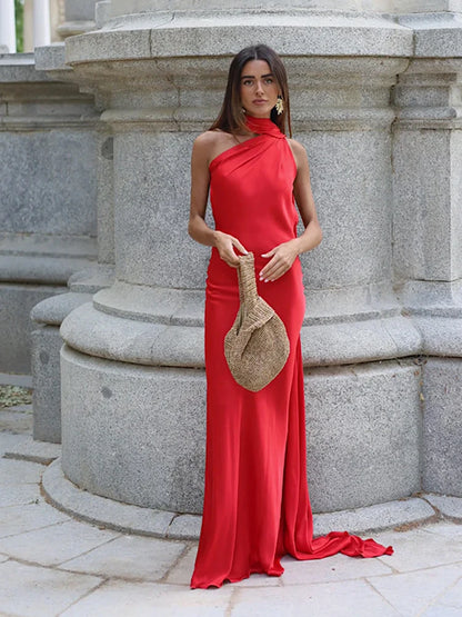 Vermelho Cor Vestido Longo Cetim Feminino Costas Nus Casual Elegante